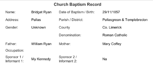 Bridget Ryan Baptismal Certificate